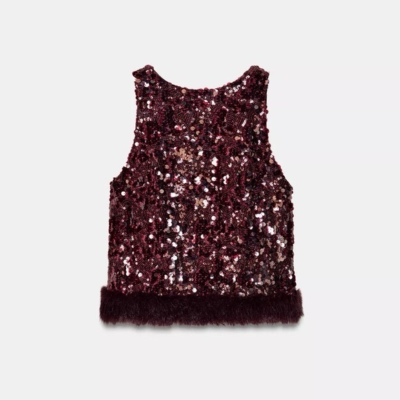ZARA SEQUIN TOP WITH FAUX FUR HEM - Picture 11 of 13